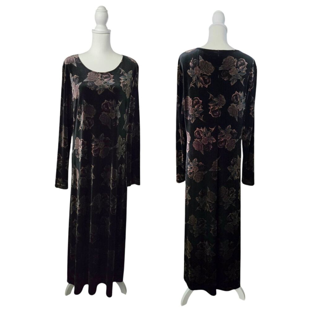 Vintage 90s Velvet Dark Floral Long Sleeve Maxi Dress Size L Black Brown Talbots